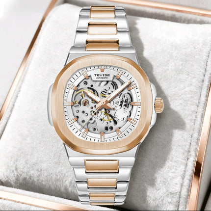 TEVISE New Automatic Mechanical Watch for Men Stainless Steel Waterproof Skeleton Watch Luminous Hands Luxury Gift for Men