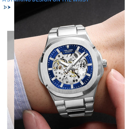 TEVISE New Automatic Mechanical Watch for Men Stainless Steel Waterproof Skeleton Watch Luminous Hands Luxury Gift for Men