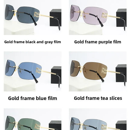 Curved One-Piece Sunglasses, Frameless Square Cut-Edge Design, UV400 Protection, Women's High-End Street Style
