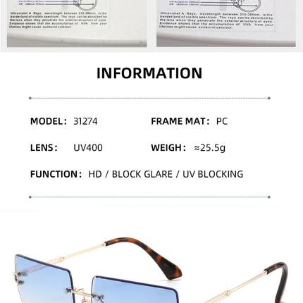 Hot-selling square rimless sunglasses, ultra-light, comfortable, multi-color lenses, stylish and practical.
