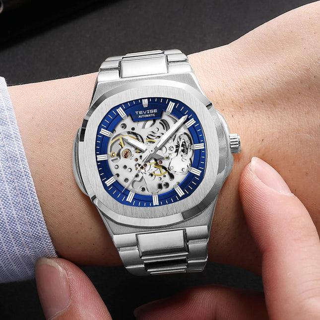 TEVISE New Automatic Mechanical Watch for Men Stainless Steel Waterproof Skeleton Watch Luminous Hands Luxury Gift for Men