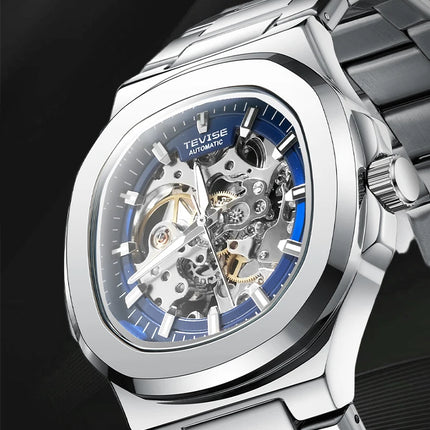 TEVISE New Automatic Mechanical Watch for Men Stainless Steel Waterproof Skeleton Watch Luminous Hands Luxury Gift for Men